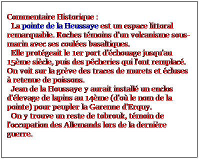 Zone de Texte: Commentaire Historique :
  La pointe de la Heussaye est un espace littoral remarquable. Roches tmoins d'un volcanisme sous-marin avec ses coules basaltiques.
  Elle protgeait le 1er port d'chouage jusqu'au 15me sicle, puis des pcheries qui l'ont remplac. On voit sur la grve des traces de murets et cluses  retenue de poissons.
  Jean de la Houssaye y aurait install un enclos d'levage de lapins au 14me (d'o le nom de la pointe) pour peupler la Garenne d'Erquy.
  On y trouve un reste de tobrouk, tmoin de l'occupation des Allemands lors de la dernire guerre.
   
