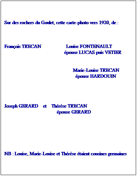 Zone de Texte: Sur des rochers du Goulet, cette carte-photo vers 1920, de :



Franois TRECAN                    Louise FONTENAULT
                                                pouse LUCAS puis VETIER


                                                       Marie-Louise TRECAN
                                                         pouse HARDOUIN


 
Joseph GERARD    et    Thrse TRECAN
                                          pouse GERARD






NB : Louise, Marie-Louise et Thrse taient cousines germaines
